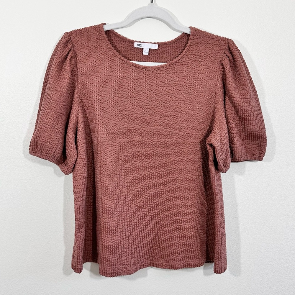 DR2 Textured Puff Sleeve Top Stretch Cotton Size L Elevated Basic